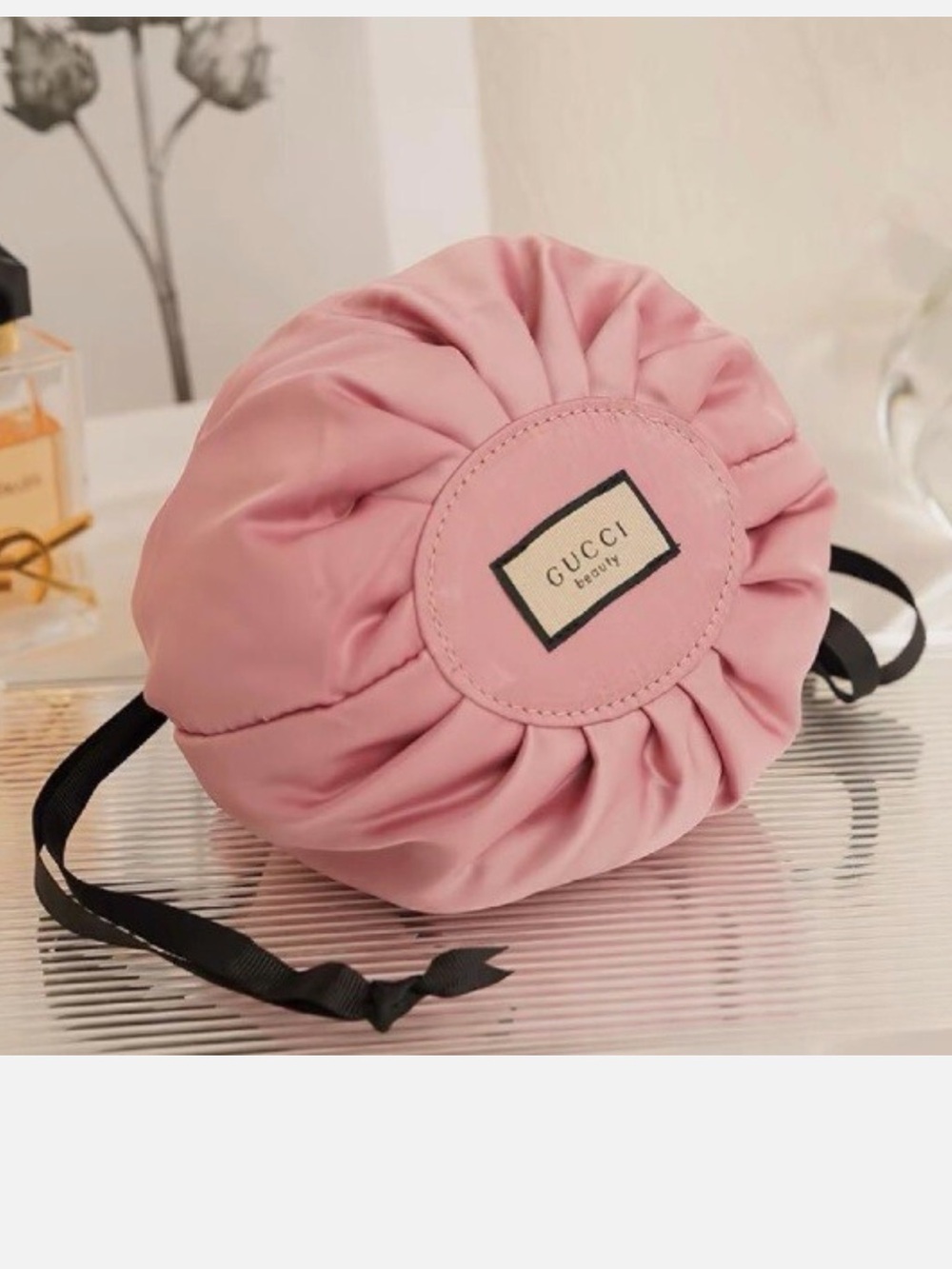 Gucci pink drawstring floral make up pouch